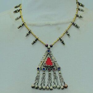 Vintage Triangular Amulet Style Pendant Necklace, Beaded Chain Necklace
